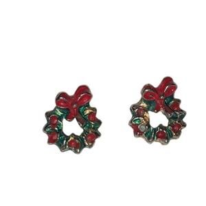 VTG Avon Christmas Wreath Green Red Gold Minimalist Studs Pierced Holiday Retro